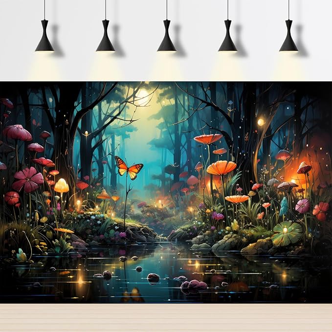 Fantasy Stream Backdrop Night Magical Forest Mushroom Tranquil Stream Photography Background Rainforest Jungle Tree Natural Landscape Backdrop Decors Luminous Mushroom Background Props 9x6ft