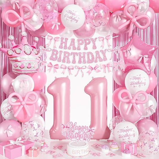 Pink Bow 11th Birthday Decorations for Girls, Coquette Party Decor Include 40 Inch Number 11 Crown Star Balloon Double Stuffed Pastel Balloon Pink Bows Cake Topper Happy Birthday Banner Fringe Curtain