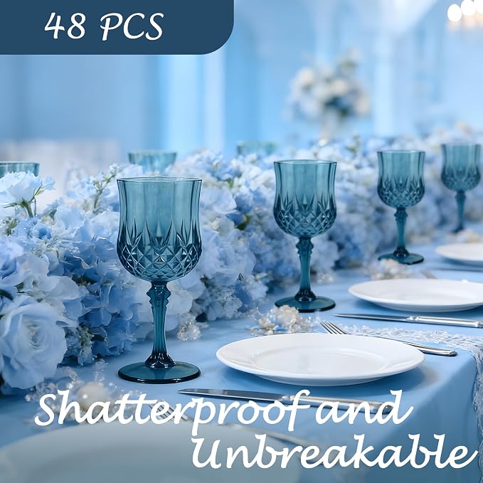 Plastic Wine Glasses, Plastic Goblets Vintage Style Cordial Unbreakable Drinking Glasses, Reusable Drinkware for Wedding Reception, Grand Event Party Supplies (48, Navy Blue)