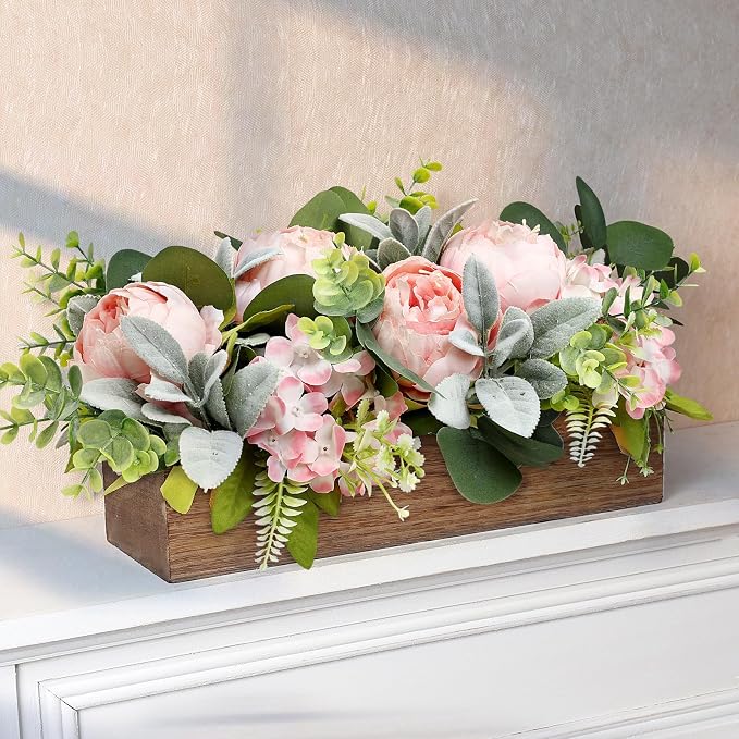 Pink Floral Centerpieces for Table, Pre-Made Artificial Peonies Hydrangea Centerpieces for Dining Table Wood Fake Flower Decorations for Wedding Living Room Party Bar Kitchen Table
