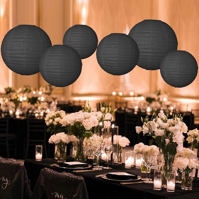 Paper Lanterns Party Decorations 6 PCS Black Round Hanging Lanterns Chinese Japanese Paper Lantern Lamp for Wedding Graduation Birthday Baby Shower Anniversary Retirement Party