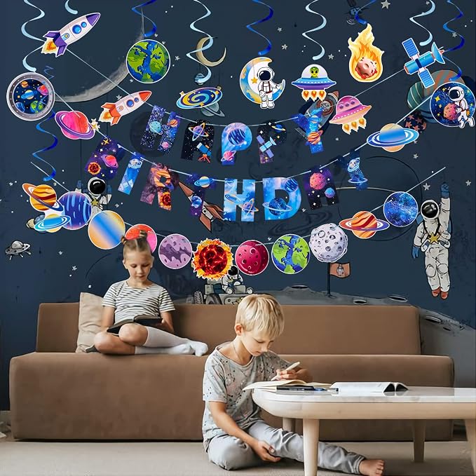 SUNBEAUTY Solar System Birthday Party Decorations Outer Space Happy Birthday Banner Planet Rocket Astronaut Hanging Swirls for Kids Boy Baby Shower First Trip Around The Sun School Supplies