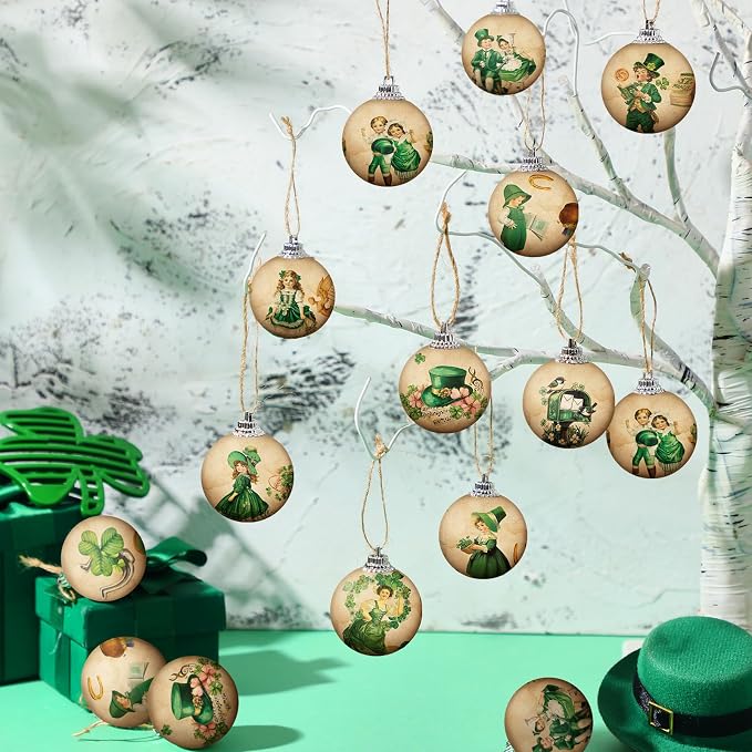 Outus 16 Pcs Vintage St. Patrick's Day Tree Ornaments Ball St. Patrick's Day Decorations for Tree Vintage Style Shamrock Luck Irish Hanging Ornaments Farmhouse Home Decoration Holiday Party Favors