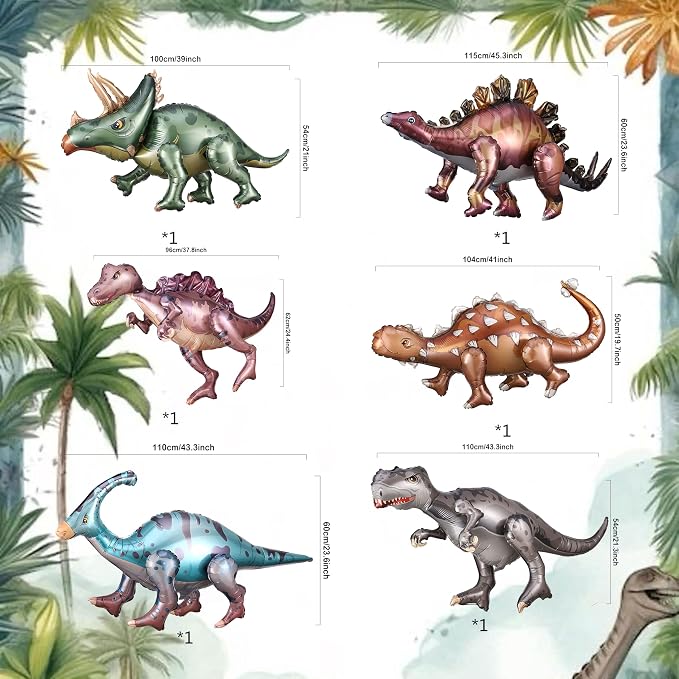 Dinosaur Balloon Set of 6 40inch 3D Jumo Mylar Gigantic Inflatable Walking Self Standing Foil Balloons for Garden Jungle Dinosaur Birthday Party Gift Photo Prop Supplies (Colorful)