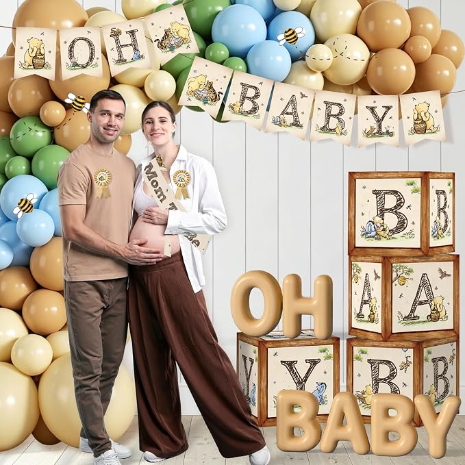Bear Baby Shower Decorations, Neutral Baby Shower Decorations with Oh Baby Backdrop Banner Plates Napkins Bear Tablecloth Balloon Arch Box for 1st Boy Girl Birthday Party