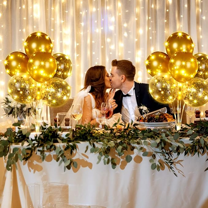 Junkin 10 Set Balloon Stand Kit for Centerpiece with LED String Light 100 Pcs Balloons Table Balloon Stand Centerpieces for Birthday Wedding Baby Shower Back to School Party Decor(Gold)