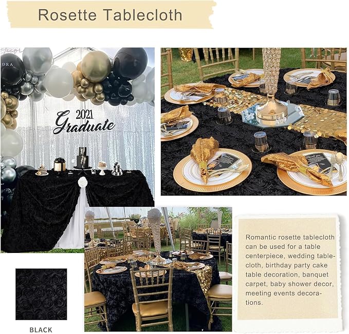 Fanqisi Rosette Tablecloth Black 90x156 Inches Rectangular 3D Floral Satin Rosette Fabric Table Cover Grandiose Wedding Party Baby Shower Decorations