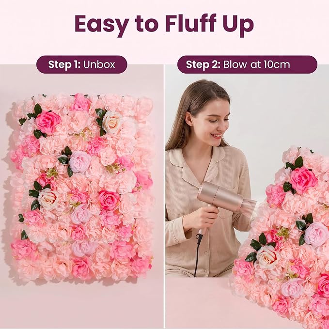 3D Flower Wall Backdrop 6 Pack, 24x16 Inch Soft Pink Artificial Rose Panels for Wedding, Party, Photo Studio, Home & Fence Decor