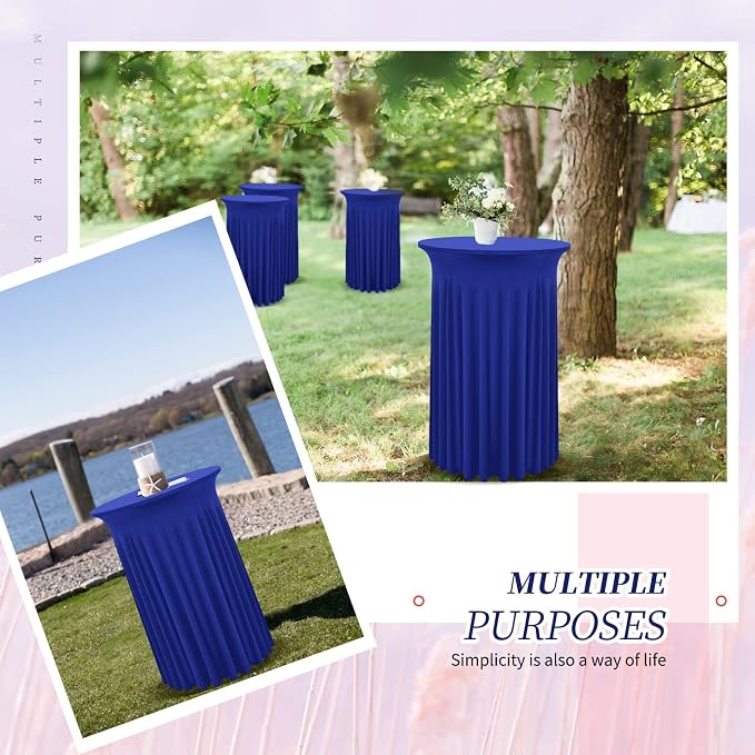 6 Packs Round Cocktail Table Skirt 32"x 43" Spandex Stretch Cocktail Tablecloth with Wavy Drapes, Royal Blue Spandex Fitted High Top Table Covers for Wedding Bar Party Birthday Banquet Tables