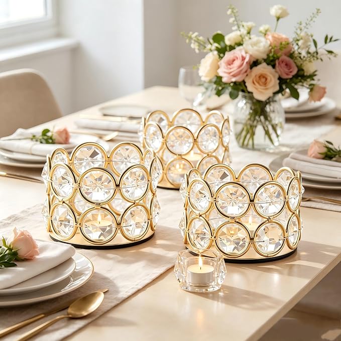 48PCS Gold Crystal Tea Light Candle Holders for Wedding Centerpieces,Votive Candle Holders Bulk Metal Candle Centerpiece for Dining Table Party Valentine's Day Decor (Candle Excluded)