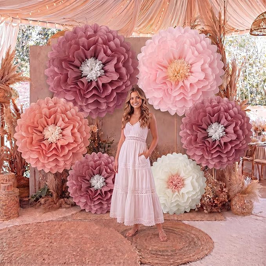 Giegxin 6 Pcs 40'', 31.4", 24" Boho Pink Giant Paper Flowers for Wall Decorations Pink White Big Jumbo Tissue Crepe Flowers Boho Party Decorations Floral for Wedding Baby Shower Classroom Backdrop