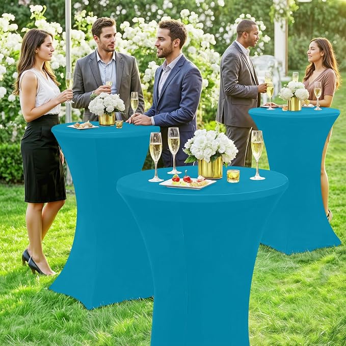Moosfor Spandex Cocktail Table Covers 4 Pack, Elastic Fitted Stretch Table Cloth, Round High Top Tablecloths for Bar, Party, Pub, Wedding & Banquet (Turquoise, 32x43 Inch)