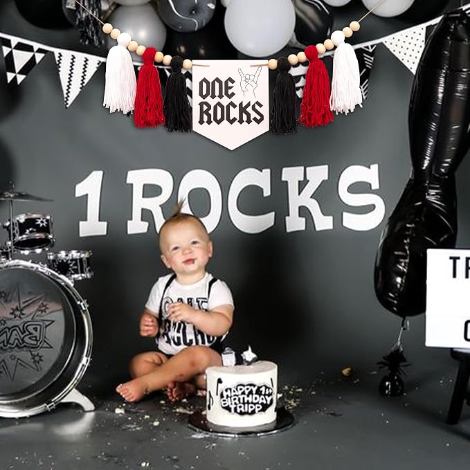 Gostman One Rocks High Chair Banner - Rock And Roll 1st Birthday Party Decorations,Black First Birthday Party Supplies (one rocks banner)