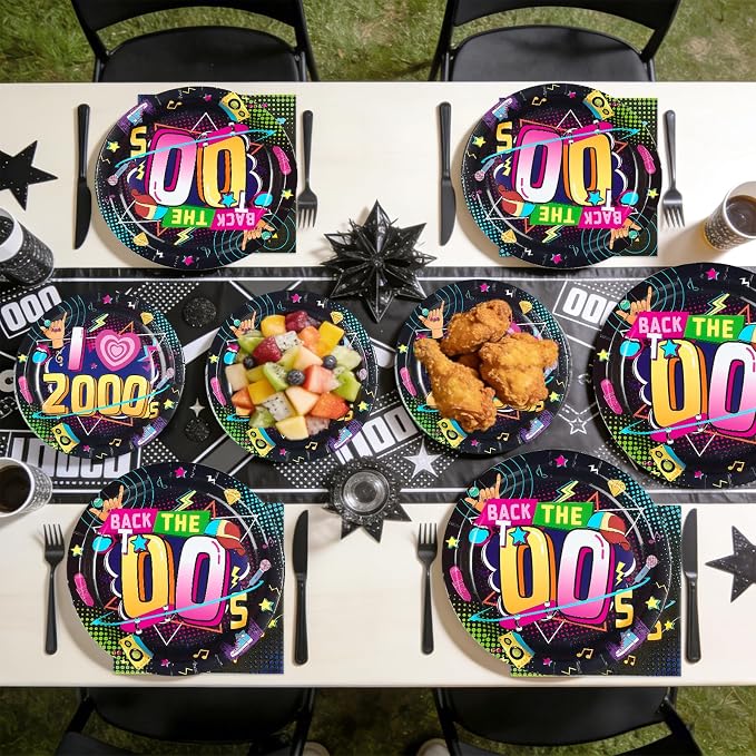 96Pcs 2000s Party Decorations Y2K Early 2000s Theme Plates and Napkins Hip Hop Back to the 00s Disposable Paper Tableware Set for Adult Teens Retro 00s Birthday Party Supplies Serves 24