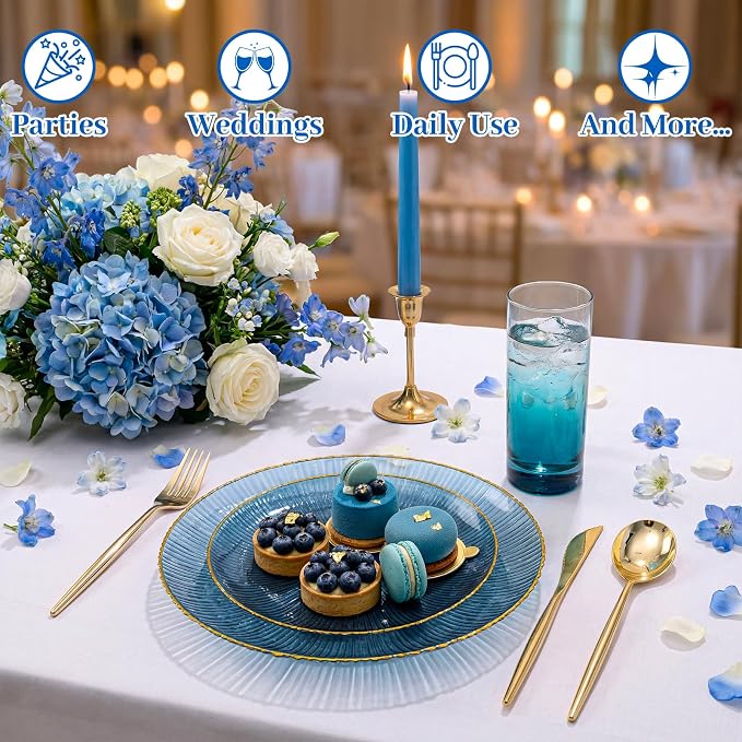 DaYammi 60Pcs Blue Plastic Plates with Gold Rimmed - Disposable Plates for Party Include:30 Dinner Plate 30 Dessert plate,Blue Plate with Radial Texture for Party & Wedding & Dinner