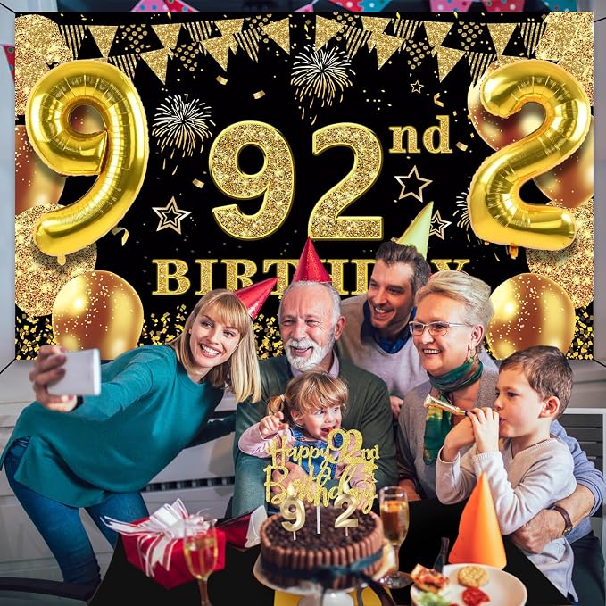 92nd Birthday Decorations Men Women with 92nd Birthday Banner, Black and Gold Table Cloth, Number Balloons, Large Sash, Cake Topper and Candles