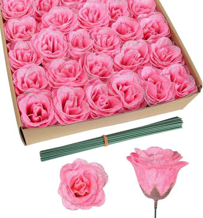 Pink Glitter Roses,30PCS Glitter Flowers Bouquet Artificial Roses with Stems for Wedding Party Christmas Home Decor(Pink with Silver Glitter)
