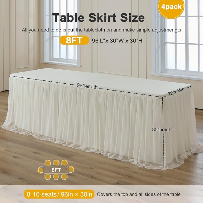 familus Ivory Table Cloths 8 Foot Rectangle 4 Pack Stretch Ruffle Tulle Tablecloth Spandex Fitted Table Cover for 8 Foot Tulle Table Skirts for Party Wedding Table Cloths, Banquets