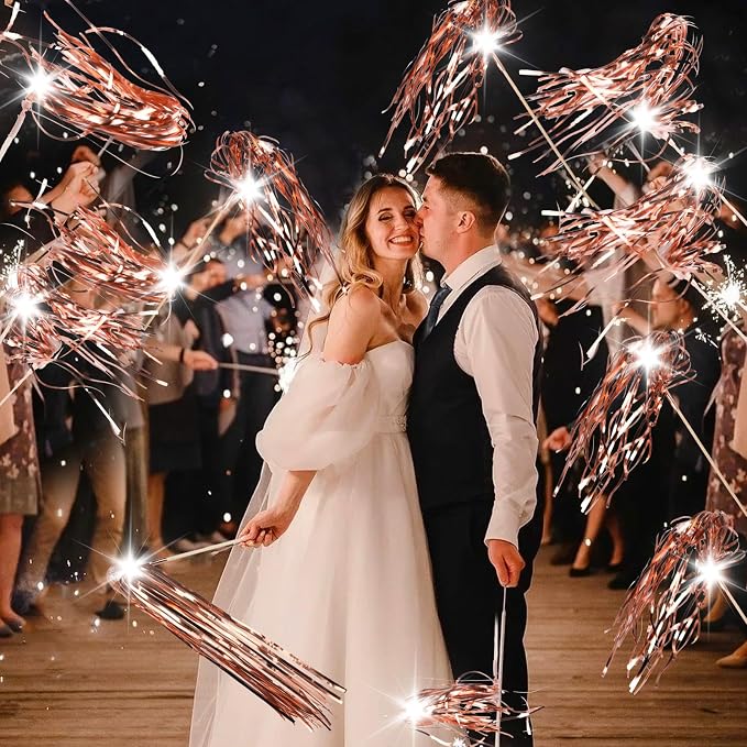 Drixbor 100 PCS Light Up Wedding Wands - LED Tinsel Streamers for Wedding Send Off & Grand Entrance, Party Favors for Weddings Birthdays Christmas (Rose Gold)
