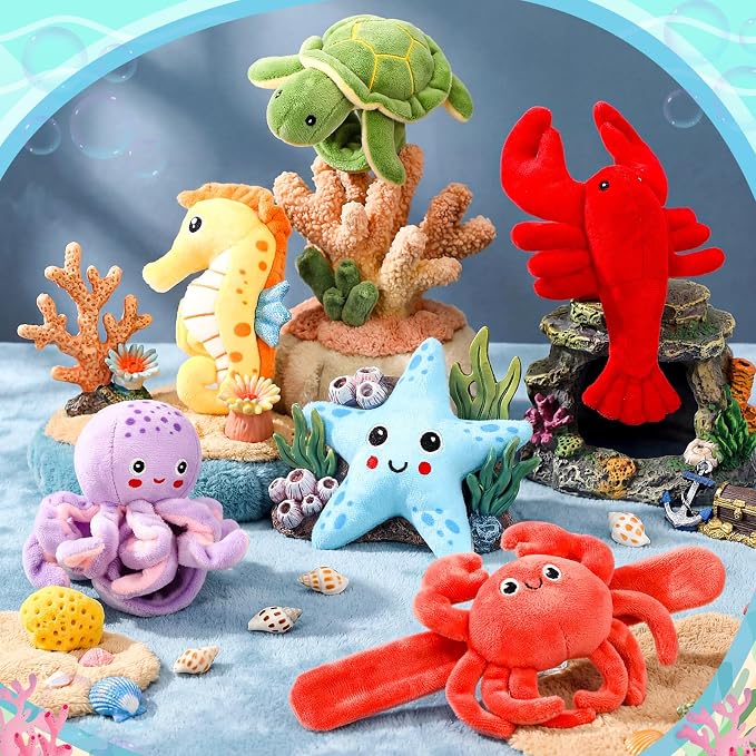 Gemscream 6 Pcs Stuffed Animal Slap Bracelets for Kids, 8 Inch Back to School Small Classroom Prizes Toy, Wrist Snap Bracelets Birthday Gifts for Boys Girls Pet Adoption Party Favors(Ocean Theme)