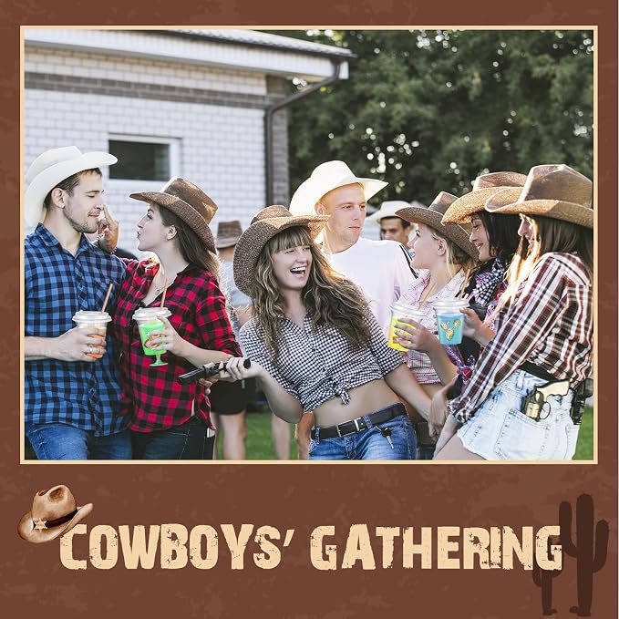 Qinyoung 60 Pcs Western Cowboy Cups with Lids and Paper Straws 14 oz Disposable Clear Plastic Cups for Home Birthday Party Favor Supplies Western Cowboy Decorations