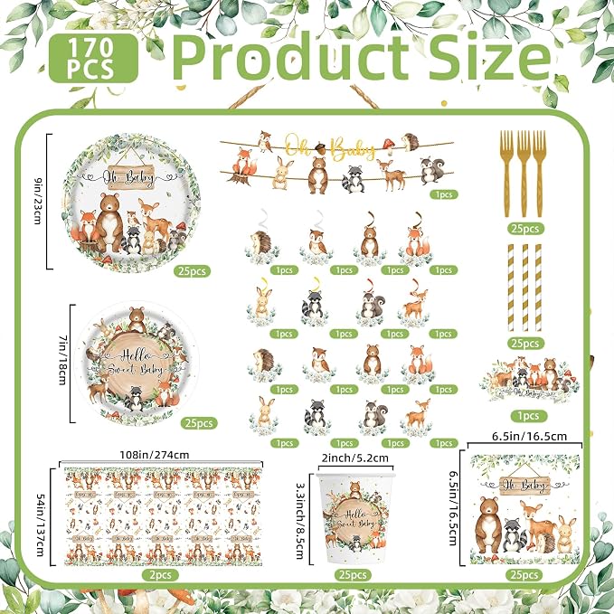 170pcs Woodland Animals Baby Shower Decorations Pack Forest Animal Neutral Gender Reveal Party Supplies Woodland Themed Birthday Party Ideas Set , Tablecloth, Cake Toppers,for 25 Guests