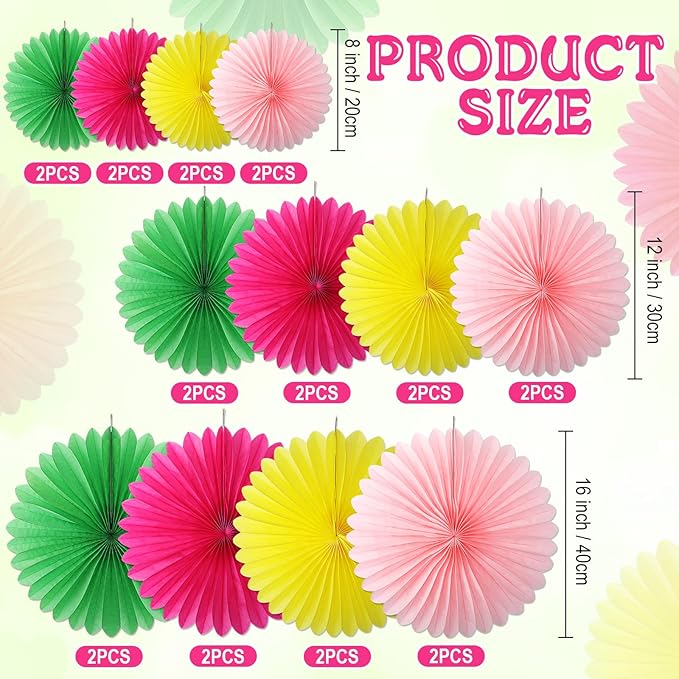 MotiMind 24 Pcs Hawaiian Party Decorations Hanging Paper Fans Flowers for Luau Flamingo Birthday Party Classroom Pink Green Rose Red Yellow Background Ceiling Wall Decor Wedding Baby Bridal Shower