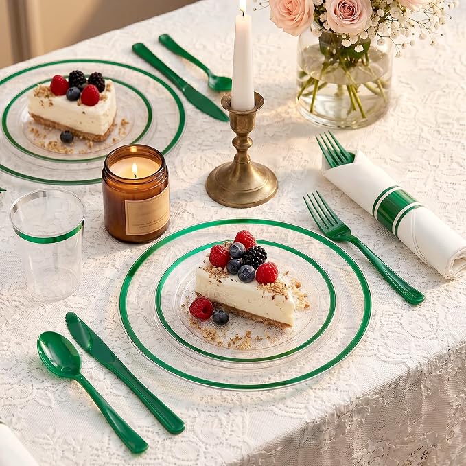 175pcs Plastic Plates for Party Clear & Green | Disposable Plastic Dinnerware Set for 25 Guests Include 50 Plastic Plates,25 Cups & 25 Pre Rolled Napkins with Cutlery Set