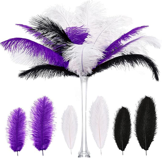XunYee 60 Pcs 1920s Natural Ostrich Feathers Bulk 10-12 Inch/ 12-14 Inch Natural Large Feather for Wedding Dancing Birthday Party Centerpieces Carnival Decorations (White, Black, Purple)