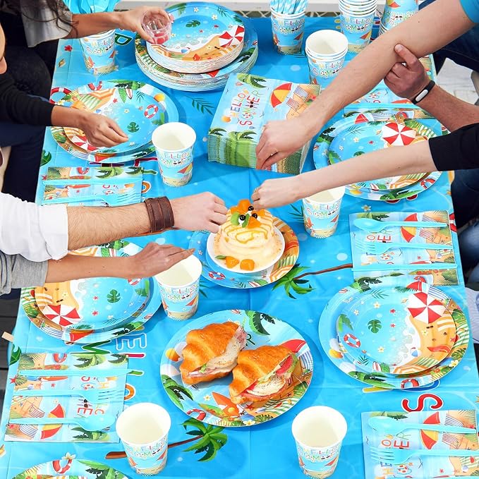 Funnymoom 452 Pcs Hello Summer Plates and Napkins Beach Party Supplies for 50, Summer Beach Cup Tablecloth Cutlery Disposable Tableware for Hawaiian Tropical Luau Ocean Pool Birthday Party Decoration