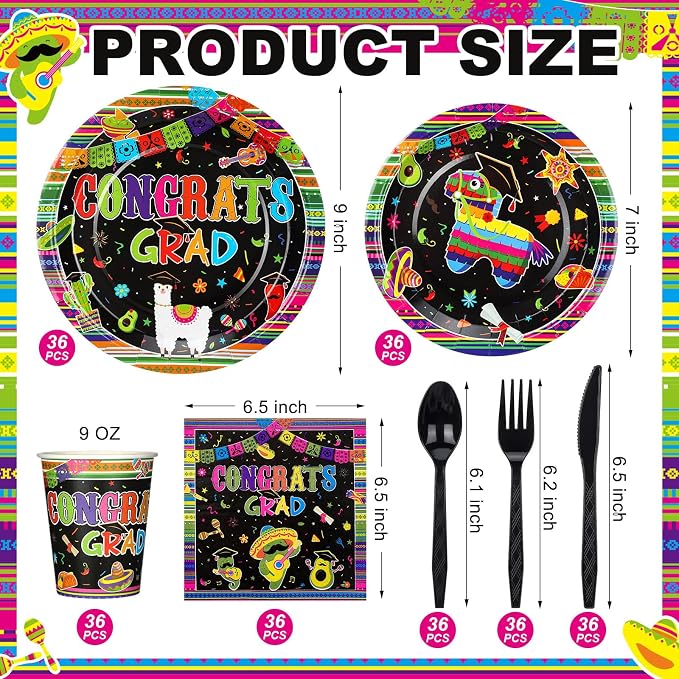 Yungyan 252 Pcs Mexican Graduation Fiesta Party Tableware Set Mexican Graduate Plates Napkins Cups Forks Knives Spoons for Mexico Graduate Party Decorations Supplies 36 Guests