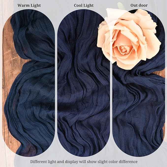 10 Pack Navy Blue Cheesecloth Table Runner 17x108 Inch Semi Sheer Boho Gauze Cheese Cloth Table Runners, for Wedding Bridal Shower Birthday Party Home Decor Garden Farmhouse