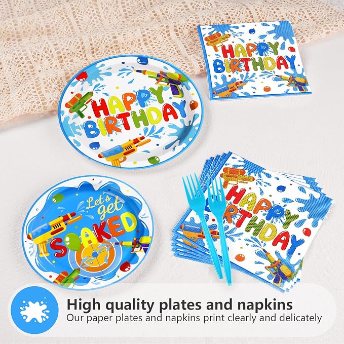 Grencian 96Pcs Summer Water Gun Party Decorations Water Gun Party Plates Disposable Let's Get Soaked Paper Tableware Set for Pool Beach Birthday Summer Splash Fun Supplies, Serves 24