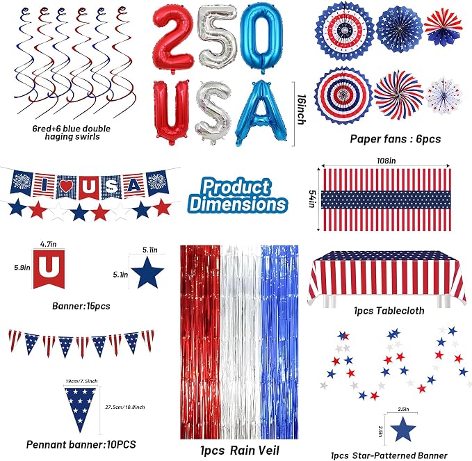 52 PCS US 250th Anniversary Decorations Set,Party Set for Independence Memorial Day Party Supplies Decor