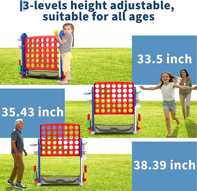 Giant 4-in-a-Row Game Set, Whale Design 4-in-1 with Basketball Hoop, Golf, Ring Toss, 42 Jumbo Rings, Adjustable Height, Quick-Release Catch Net - Outdoor Play for Kids & Adults