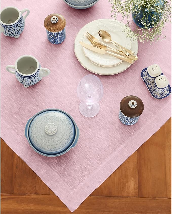 Solino Home Linen Tablecloth 52 x 52 Inch - 100% Pure Linen Square Table Throw - Athena, Machine Washable Bubblegum Pink Tablecloth for Summer