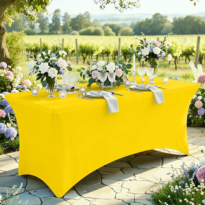 Moosfor Spandex Elastic Fitted 6FT Rectangle Tablecloth 6 Pack, Stretch Washable Reusable Table Cover for Outdoor Picnic, Dining, Wedding, Banquet & Party Events (Yellow, 72Lx30Wx30H Inch)