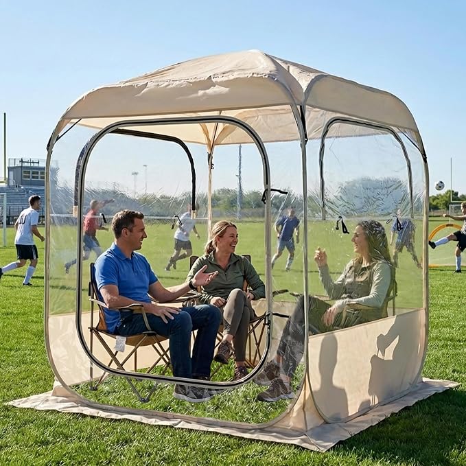 DIAMONDFORGE Pop Up Sports Tent 5x5 FT, Portable Clear Tent with Removable Top Cover for 2-3 Person, Instant Setup, Spacious BubbleTent for Outside, Patio and Outdoor Activities, Beige