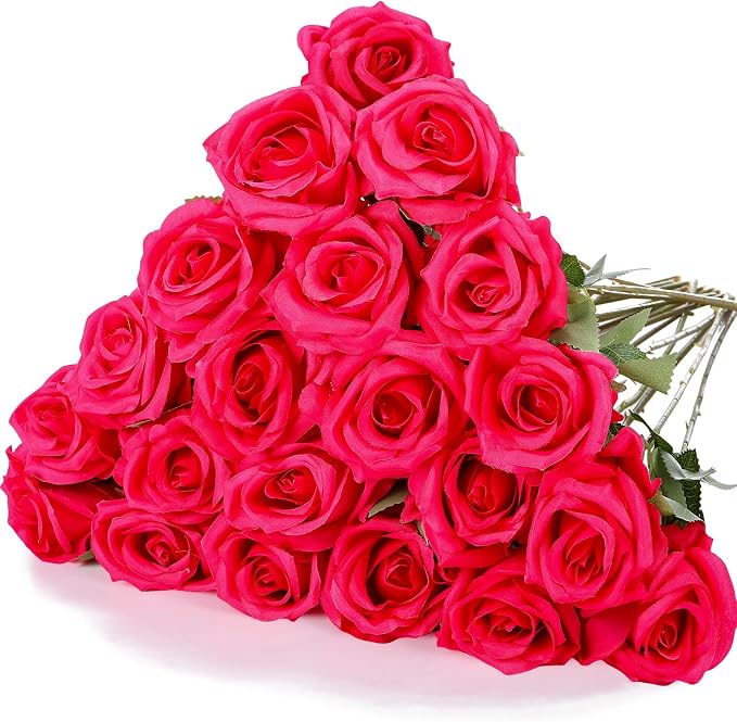 Hotop 20 Pcs Artificial Rose Flowers with Long Stem, Real Lifelike Silk Realistic Plastic Bouquet Roses Bulk for Home Decor Bridal Wedding Party Table Centerpieces Decorations(Hot Pink)