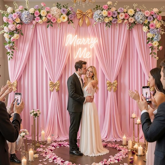 50ftx12ft Wrinkle Free Pink Backdrop Curtain, 10 Panels 12FT Long Wedding Photo Backdrop Drapes, Silky Polyester Back Drop Cloth for Birthday Photography Background Party Backdrop Draping