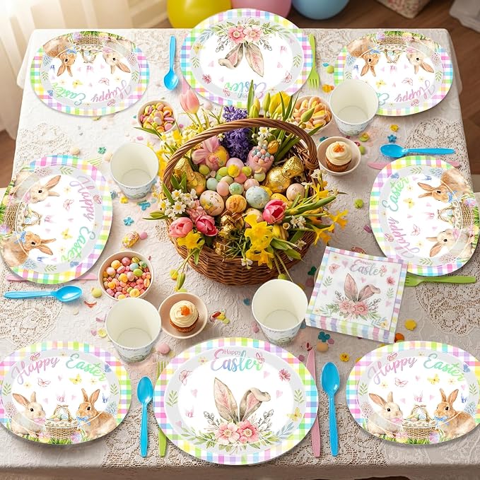 Pajean 350 Pcs Easter Plates Set Bunny Birthday Decorations with 12 Inch Disposable Pastel Easter Oval Plates and Napkins Eggs Heavy Duty Dinnerware for 50 Guests Picnic Spring Party Supplies