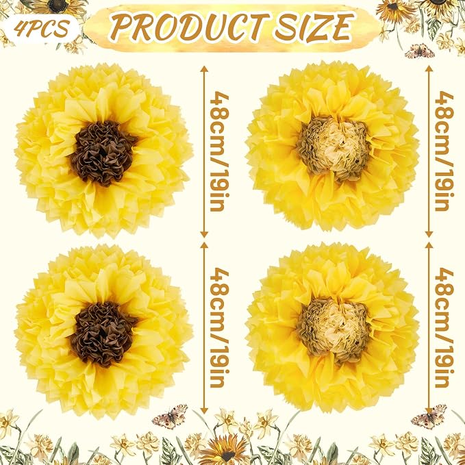 Sunflower Tissue Paper Flowers 19'' Giant Yellow Paper Flowers Decoration for Wall Large Sunflower Tissue Pom Poms Hanging for Spring Wedding Bridal Shower Birthday Classroom Bulletin Board Decor