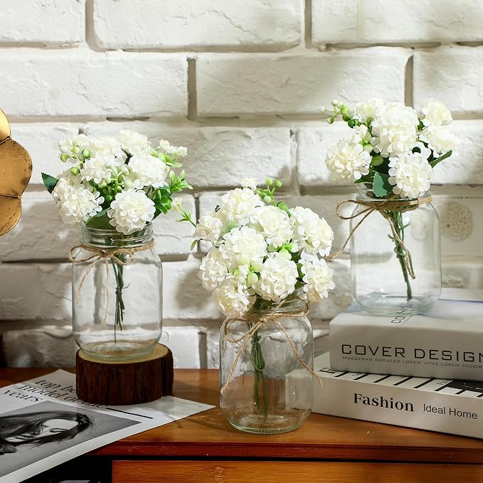 XunYee 10 Set Mason Jar Table Centerpiece with Flower Mason Jar Flower Centerpiece Vases Decor for Engagement Party Bridal Shower Wedding Reception Table Decor(White,Hydrangea)