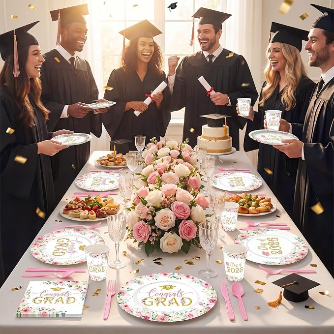 Pajean 350 Pcs Class of 2026 Floral Graduation Party Decorations 12 inch Disposable Pink Gold Floral Oval Plates Napkins Pink Heavy Duty Paper Tableware Set for 50 Guests Grad Party Supplies