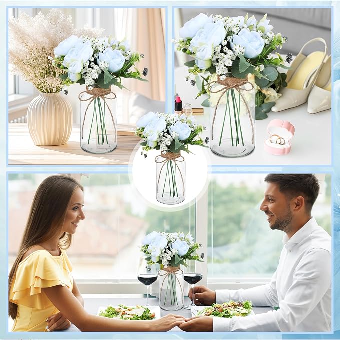 Zeyune 6 Sets Mason Jar Table Centerpiece with Artificial Peony Baby's Breath Flower Centerpieces Faux Flowers with Rope for Wedding Reception Engagement Bridal Shower Rustic Table Decor(Blue)