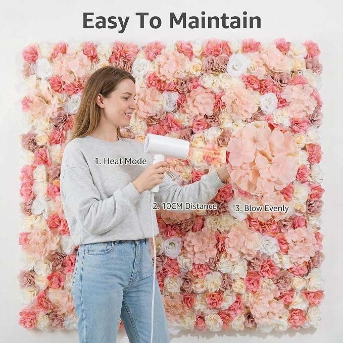 3D Flower Wall Backdrop 6 Pack, 24x16 Inch Blush Pink & Ivory Artificial Rose Panels, Polyester Material for Wedding, Party, Photo Studio, Home & Fence Decor
