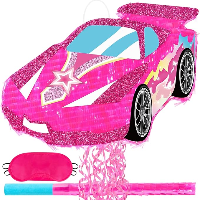 WERNNSAI Pink Racing Car Piñata for Girls - Princess Dollhouse Party Supplies Piñata Bundle with Blindfold and Bat for Kids Racing Car Theme Birthday Party Game Decorations (12.4" x 16.5" x 2.9")