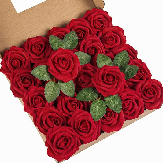 DuHouse 25Pcs Artificial Roses Flowers Fake Roses with Stems Real Touch Foam Flowers for DIY Wedding Bouquet Party Centerpiece Floral Arrangement Party Home Decor(Dark Red)