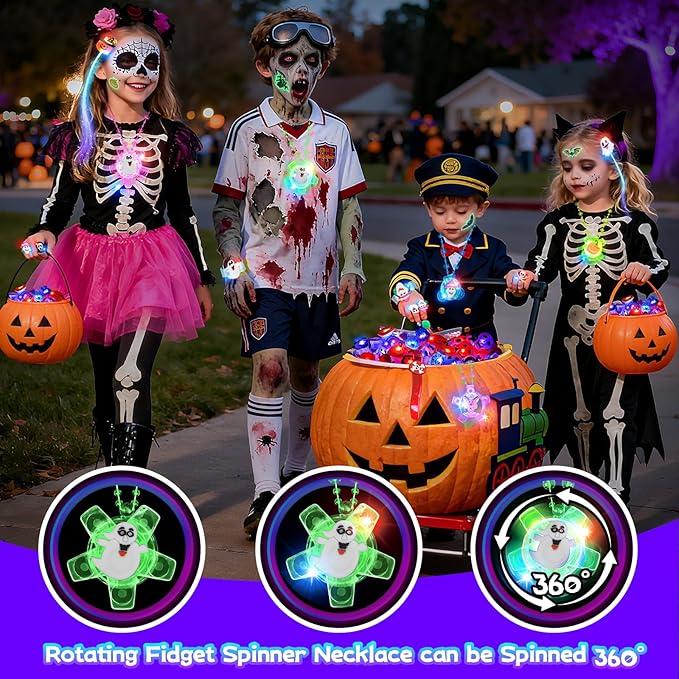 ShyLizard 100Pcs Halloween Party Favors for Kids-Halloween Glow in the Dark Party Supplies,Halloween Light Up Necklace Flash Rings,Non-Candy Trick or Treat Goodie Bag Fillers,Classroom Favors Gifts