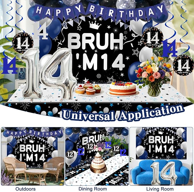 14th Birthday Decorations for Boys Girls, 54 PCS Blue Black Party Decor, 14 Year Old Boy Birthday Party Supplie with Banner Backdrop, Hanging Swirls, Tablecloth, Bruh Its My Birthday Decorations